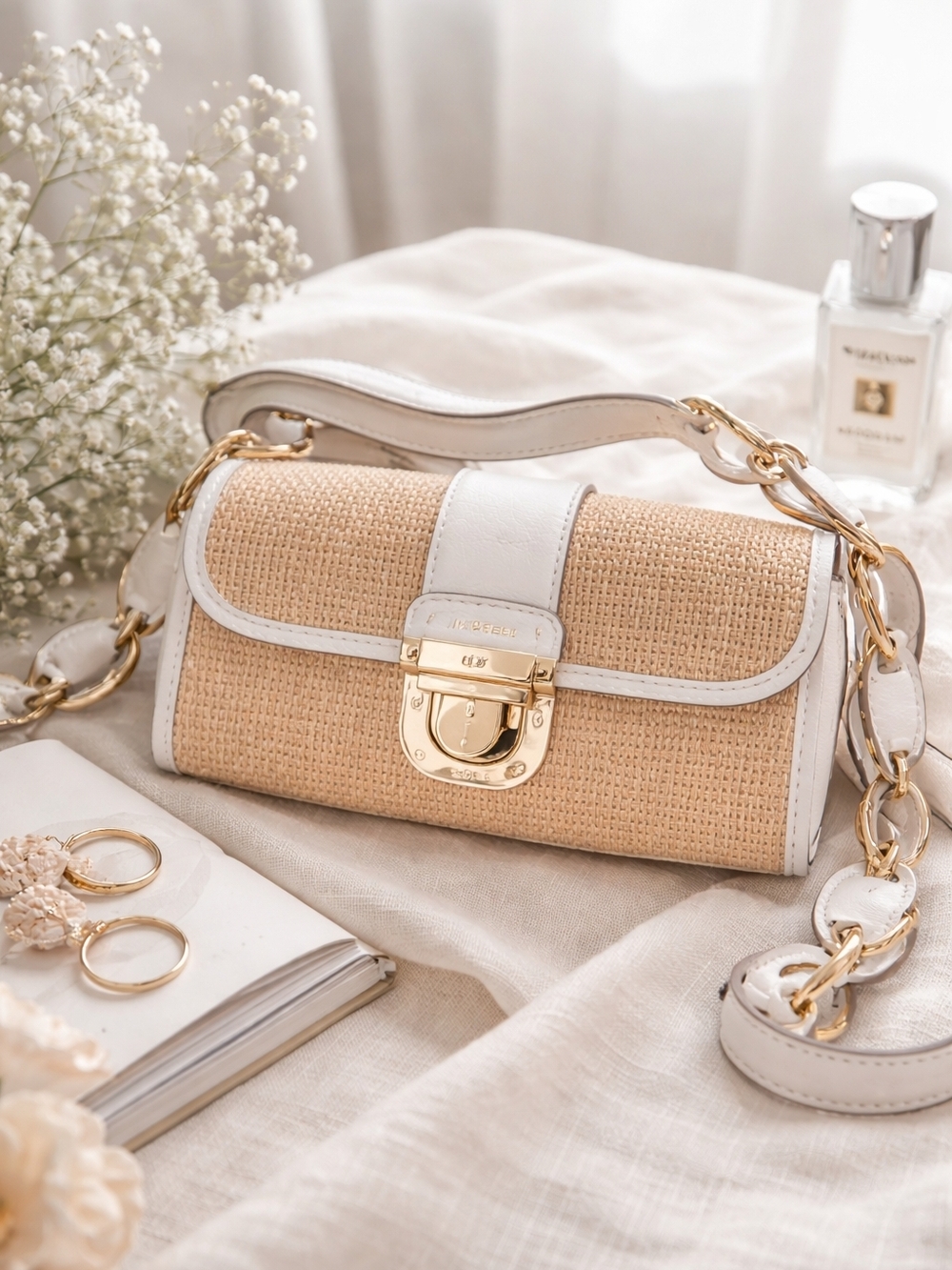 Michael Kors Woven Straw Shoulder Bag with White Trim and Gold Hardware